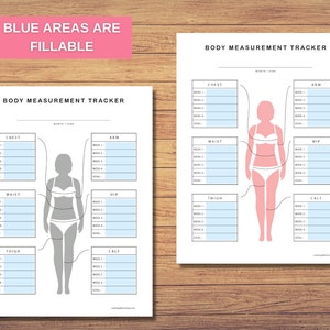 May include: A printable body measurement tracker with a silhouette of a person. The tracker includes sections for chest, waist, hips, thighs, and calves. The blue areas are fillable.