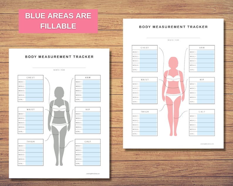 May include: A printable body measurement tracker with a silhouette of a person. The tracker includes sections for chest, waist, hips, thighs, and calves. The blue areas are fillable.