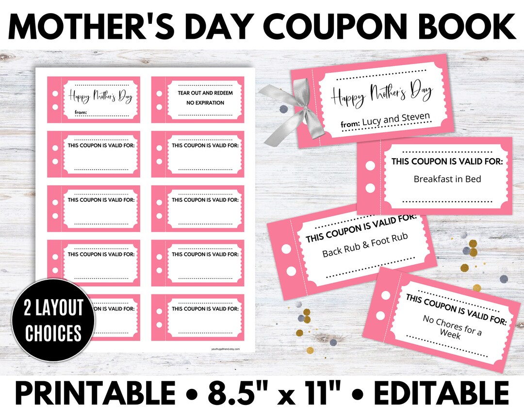 Mother's Day Coupon Book, Personalized Gifts for Mom, Printable Coupon
