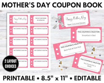 Mother's Day Coupon Book, Personalized Gifts for Mom, Printable Coupon Book Template, Printable Coupons - Editable PDF