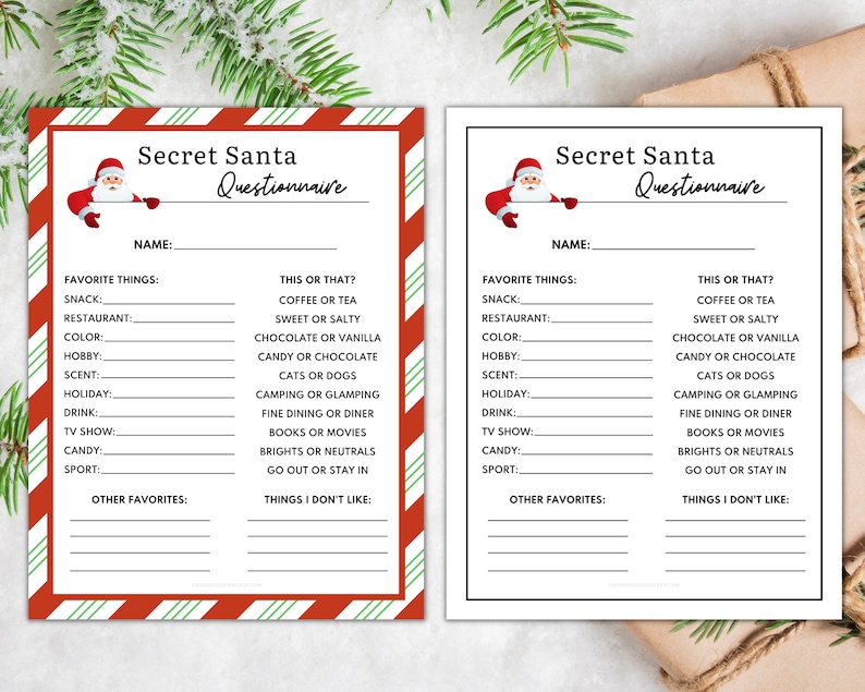 Secret Santa Questionnaire Printable Christmas Wish List Etsy