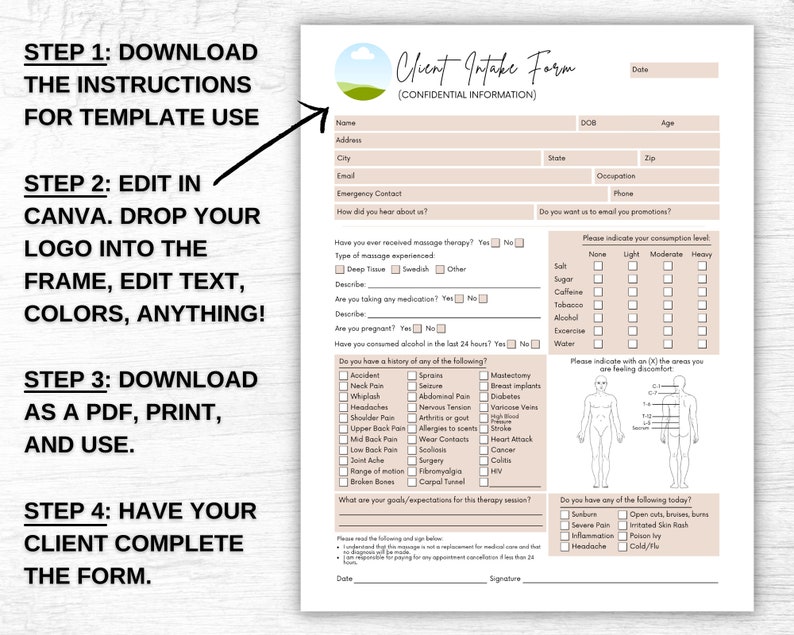 Massage-Intake-Formular, Massage-Einverständniserklärung, Masseur, Kosmetikerin Business Form, Anamnesken-Formular, Anpassen in Canva Bild 2