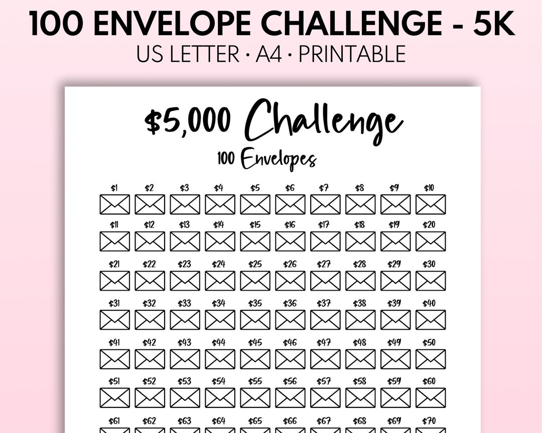 5k 100 Envelope Challenge Printable, 5,000 Savings Tracker, 5k ...