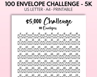 5k 100 Envelope Challenge Printable, 5,000 Savings Tracker, 5k Challenge, 100 Day Money Challenge