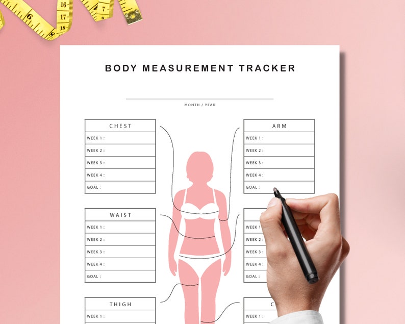 May include: A printable body measurement tracker with a pink silhouette of a person. The tracker includes sections for chest, arm, waist, thigh, and calf measurements. Each section has spaces to record measurements for four weeks and a goal.