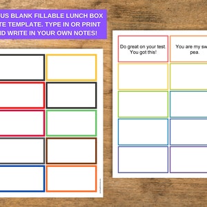 Puede incluir: Plantilla de nota para la lonchera imprimible con casillas en blanco de varios colores. La plantilla incluye el texto "Do great on your test. You got this!" y "You are my sweet pea."