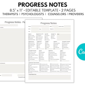 Progress Notes for Therapists, Therapist Paperwork, Editable in Canva