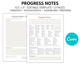 May include: Two-page editable template titled "Progress Notes" for therapists, psychologists, counselors, and providers. The template is 8.5" x 11" and includes sections for session content, status, and treatment intervention. A teal Canva logo is in the lower right corner.