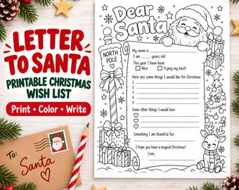 Letter to Santa Coloring Page Printable, Christmas Wish List Coloring Page, Letter to Santa Template, Santa Claus Letter, Dear Santa
