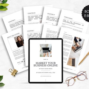 K&ouml;nnte beinhalten: Ein digitales Tablet zeigt ein Buchcover mit dem Titel "Wie man sein Gesch&auml;ft online vermarktet, ohne pleite zu gehen" von Sasha Hutchison, MAC, CMA. Das Cover zeigt einen Laptop mit einem leeren Bildschirm und eine Hand, die ein Smartphone h&auml;lt. Das Tablet ist umgeben von Buchseiten mit Kapitel&uuml;berschriften wie "Social Networking", "Get Featured", "Die Macht von Video" und "Fazit".