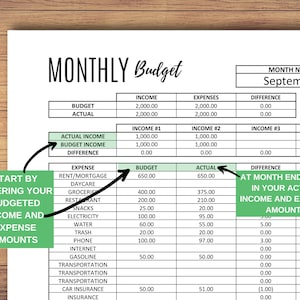 May include: A green and white printable monthly budget spreadsheet with columns for income, expenses, and difference. The spreadsheet includes sections for actual income, budget income, and difference. The spreadsheet also includes sections for expense, budget, actual, difference, and date paid. The spreadsheet is labelled "Monthly Budget" and "September".