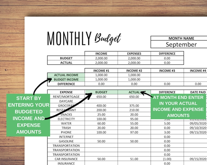 May include: A green and white printable monthly budget spreadsheet with columns for income, expenses, and difference. The spreadsheet includes sections for actual income, budget income, and difference. The spreadsheet also includes sections for expense, budget, actual, difference, and date paid. The spreadsheet is labelled "Monthly Budget" and "September".