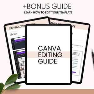 May include: A digital guide on how to edit Canva templates. The guide is displayed on a tablet with a black frame and a white background. The text "CANVA EDITING GUIDE" is displayed in large, bold, black letters on the tablet screen. The guide is titled "+BONUS GUIDE LEARN HOW TO EDIT YOUR TEMPLATE".
