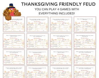 May include: A Thanksgiving-themed game board with a turkey illustration and the text "Thanksgiving Friendly Feud". The board features 16 different game cards with questions about Thanksgiving traditions, food, and activities. Each card has a title, a question, and a list of answers with points assigned to each answer.