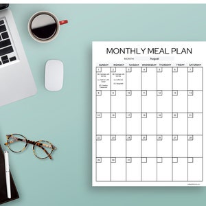 May include: A black and white printable monthly meal planner with the month of August at the top. The planner has a grid with days of the week and numbers for each day of the month.