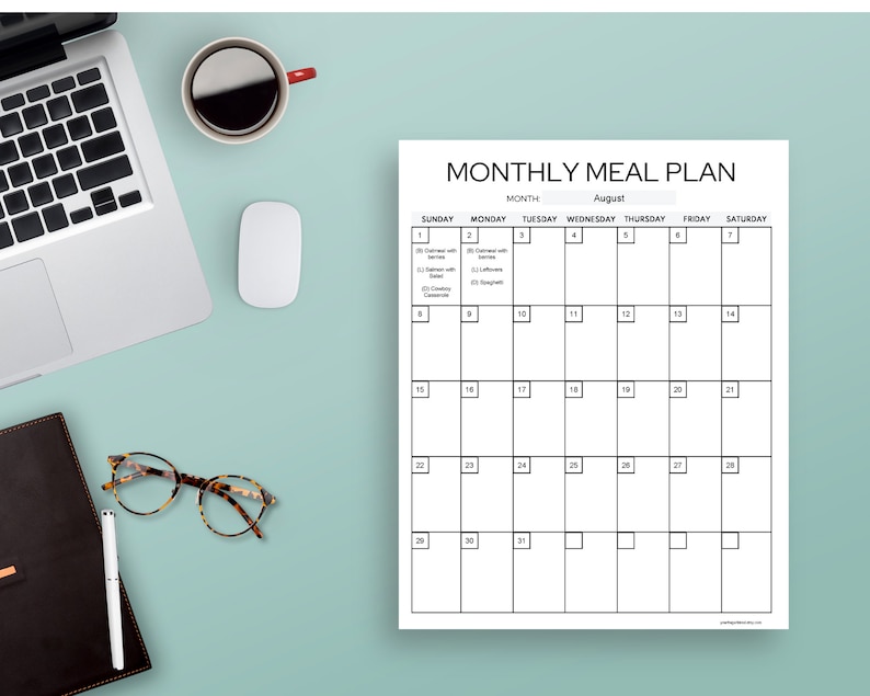 May include: A black and white printable monthly meal planner with the month of August at the top. The planner has a grid with days of the week and numbers for each day of the month.