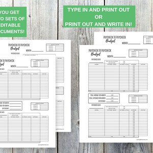 May include: Two printable budget worksheets with the title "Paycheck to Paycheck Budget". Each worksheet has sections for income, expenses, and a difference calculation. The worksheets are designed to help people track their finances.