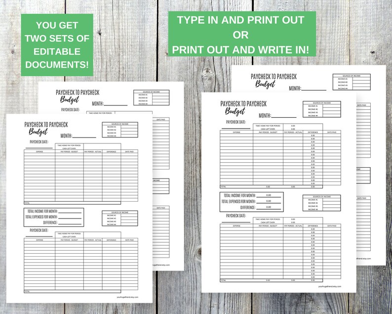 May include: Two printable budget worksheets with the title "Paycheck to Paycheck Budget". Each worksheet has sections for income, expenses, and a difference calculation. The worksheets are designed to help people track their finances.