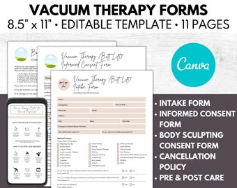 May include: A set of 11 printable forms for vacuum therapy butt lift treatments. The forms include an intake form, informed consent form, body sculpting consent form, cancellation policy, and pre and post care instructions. The forms are designed to be used by professionals in the beauty industry. The forms are 8.5 inches by 11 inches and are editable.