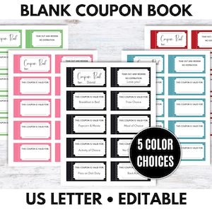 Plantilla de libro de cupones editable, libro de cupones en blanco personalizable, cupones en blanco, cupones imprimibles