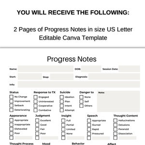 Prognosis Note Progress Notes for Therapists, Therapist Paperwork, Editable in Canva ...