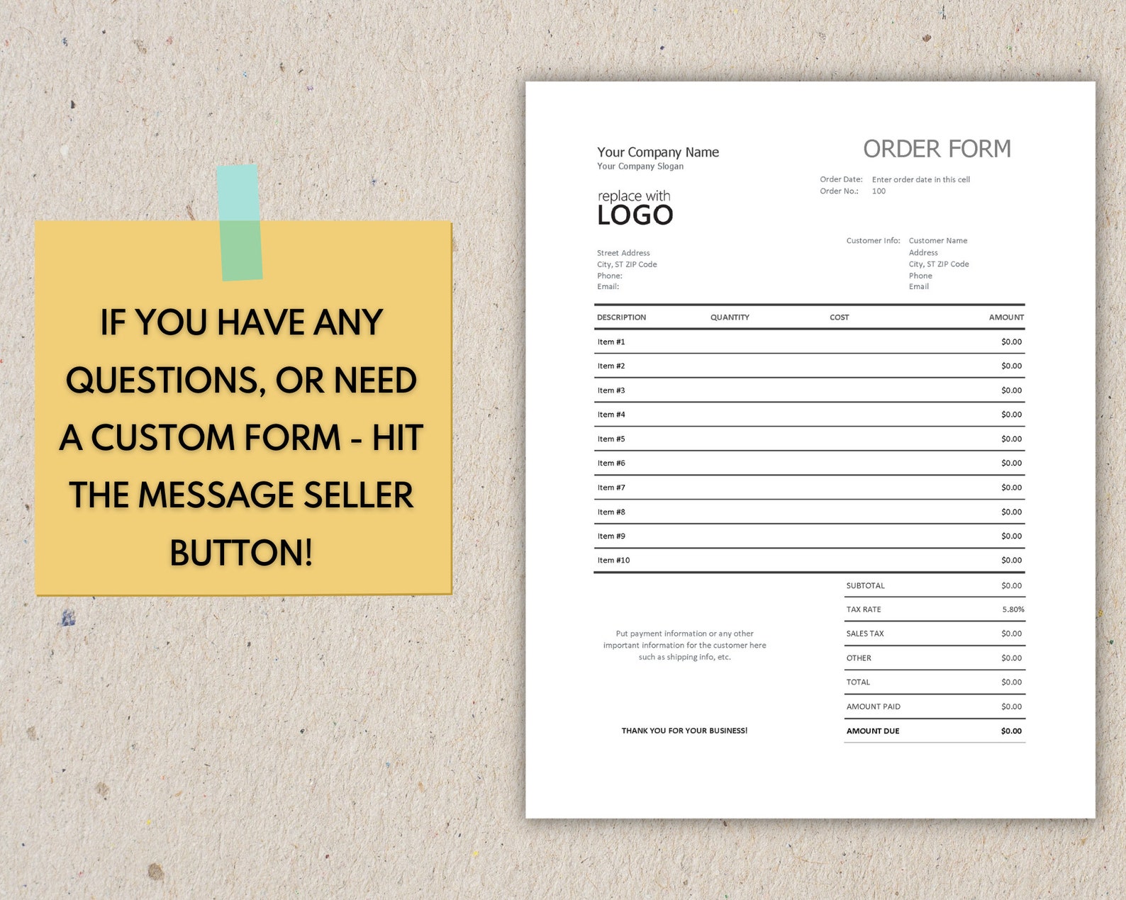 Order Form Template Order Form Word Small Business Forms - Etsy