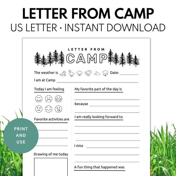 Letter From Camp, Summer Camp Activity, Pen Pal Letter, Snail Mail for Kids and Grandparents - Digital Download