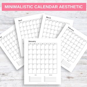 May include: Five printable calendar pages with a minimalist aesthetic. The months are January, February, March, April, and May. Each page has a grid with days of the week labeled and circles for marking dates.
