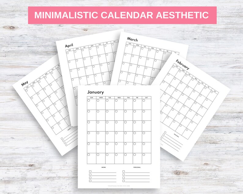 May include: Five printable calendar pages with a minimalist aesthetic. The months are January, February, March, April, and May. Each page has a grid with days of the week labeled and circles for marking dates.