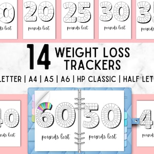 May include: A collection of weight loss trackers with numbers 10, 20, 25, 30, 35, 40, 45, 50, and 60, each representing pounds lost. The trackers are in a variety of sizes, including US Letter, A4, A5, A6, HP Classic, and Half Letter.