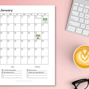 May include: A printable January calendar with a checklist for work and personal goals. The calendar has a green box with the text "PAY DAY" and another green box with the text "BILL DUE".
