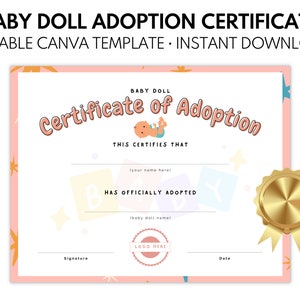 Bewerkbare babypop adoptiecertificaat, pop adoptiecertificaat, bewerkbare adoptiecertificaat, babypop teken, pop verjaardagsfeestje