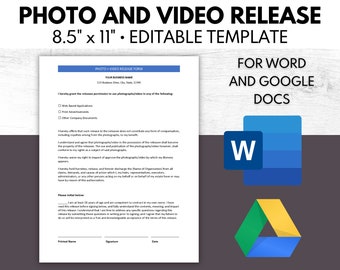 Editable Photo and Video Release, Client Consent to Photo and Video, Photo Release - Customize in Word and Google Docs