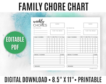 May include: A white printable family chore chart with the text "FAMILY CHORE CHART" at the top. The chart includes sections for daily and weekly chores, with spaces for names, top priorities, and rewards. The chart is 8.5" x 11" and is a digital download.