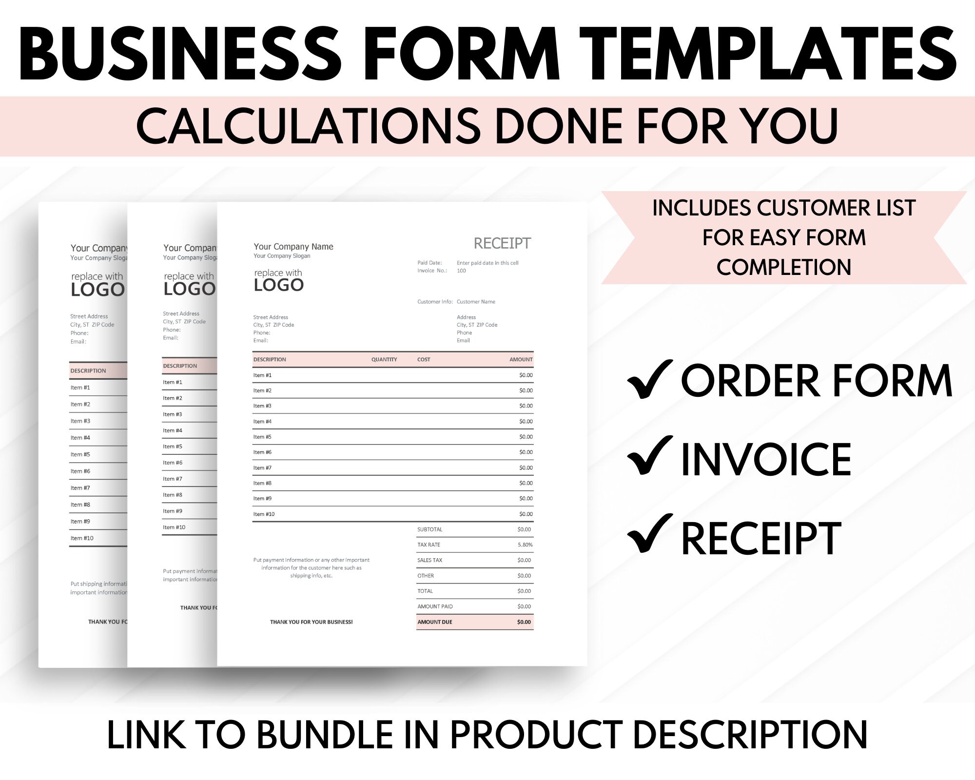 receipt template order receipt excel google sheets etsy