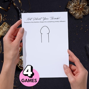 Könnte beinhalten: Eine weiße Karte mit einer schwarzen Strichzeichnung einer Form, gehalten von zwei Händen. Die Karte trägt den Text "Not What You Think!... Transform this familiar shape into something totally different." Ein rosa Kreis mit dem Text "4 GAMES" befindet sich in der unteren linken Ecke.