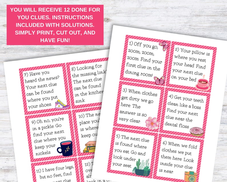 May include: Pink and white striped cards with instructions for a scavenger hunt game. The cards have numbers and clues written on them, with illustrations of a shoe, a kitchen sink, a dining room, a pillow, a toothbrush, a pickle, a book, a chair, a cup, a donut, a camera, and a pair of legs.