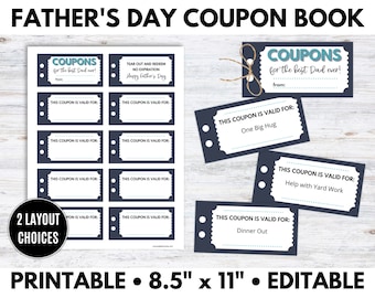 Father's Day Coupon Book, Father's Day Coupons, Father's Day Gift, Printable Coupons - Editable PDF