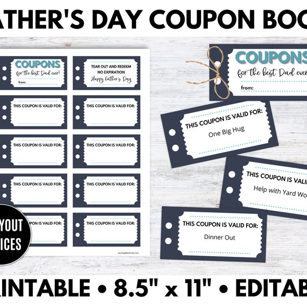 Father's Day Coupon Book, Father's Day Coupons, Father's Day Gift, Printable Coupons - Editable PDF