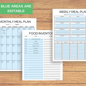 May include: Printable meal planner with a monthly calendar, weekly meal plan, and food inventory list. The calendar is blue and white with the month of August at the top. The weekly meal plan has columns for Monday, Tuesday, Wednesday, Thursday, Friday, Saturday, and Sunday. The food inventory list has columns for date, item, and quantity.