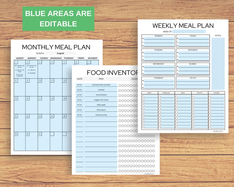 May include: Printable meal planner with a monthly calendar, weekly meal plan, and food inventory list. The calendar is blue and white with the month of August at the top. The weekly meal plan has columns for Monday, Tuesday, Wednesday, Thursday, Friday, Saturday, and Sunday. The food inventory list has columns for date, item, and quantity.
