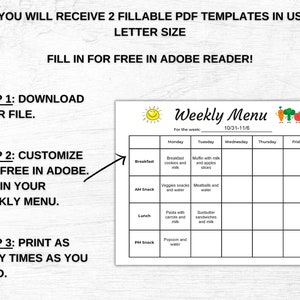 Editable Weekly Daycare Menu, Preschool Menu, Weekly Menu for Daycare ...