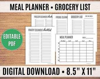 Meal Plan Template, Grocery List Printable, Pantry Checklist, Menu Plan Printable, Shopping List Printable, Editable PDF Bundle