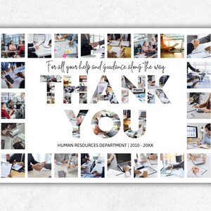 K&ouml;nnte beinhalten: Eine Collage von Bildern von Menschen, die in einem B&uuml;ro arbeiten, mit den Worten "For all your help and guidance along the way THANK YOU HUMAN RESOURCES DEPARTMENT | 2010 - 20XX" in wei&szlig; auf wei&szlig;em Hintergrund.
