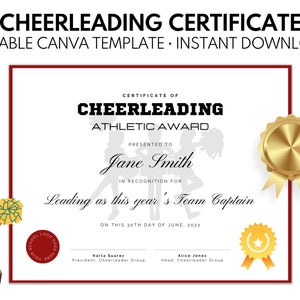 Bewerkbaar cheerleadingcertificaat, Cheer Squad Awards, Afdrukbare Cheer Award, Cheerleading Awards, Teamparty, Canva-sjabloon
