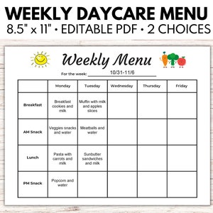 Editable Weekly Daycare Menu, Preschool Menu, Weekly Menu For Daycare, Home School Menu, Home Daycare Meal Planner, Instant Download