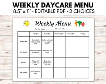 Editable Weekly Daycare Menu, Preschool Menu, Weekly Menu For Daycare, Home School Menu, Home Daycare Meal Planner, Instant Download