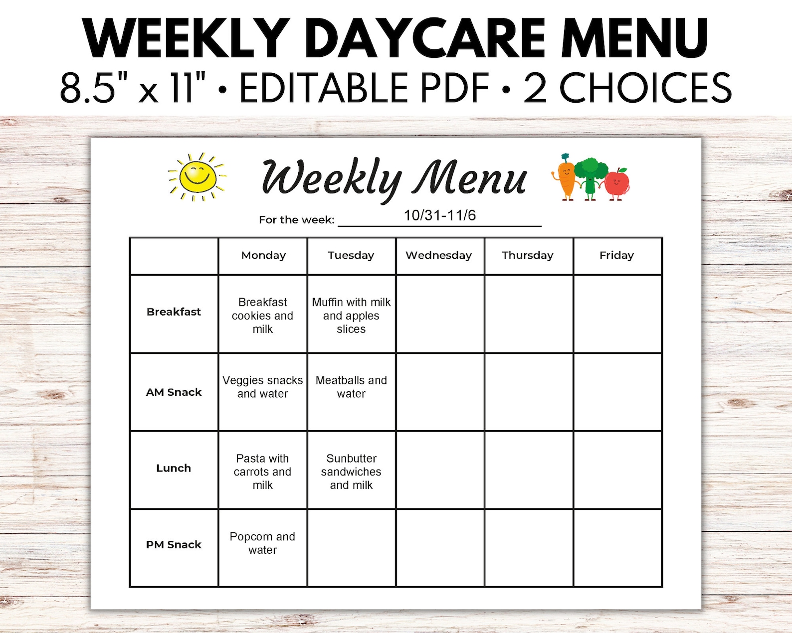 Editable Weekly Daycare Menu Preschool Menu Weekly Menu for - Etsy