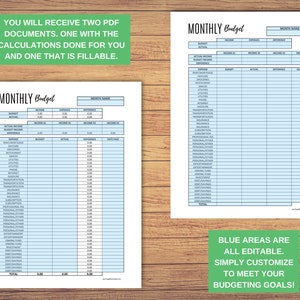 May include: A printable monthly budget template with a blue and white colour scheme. The template includes sections for income, expenses, and a difference column. The text "MONTHLY Budget" is at the top of the page. The text "BLUE AREAS ARE ALL EDITABLE. SIMPLY CUSTOMIZE TO MEET YOUR BUDGETING GOALS!" is at the bottom of the page.