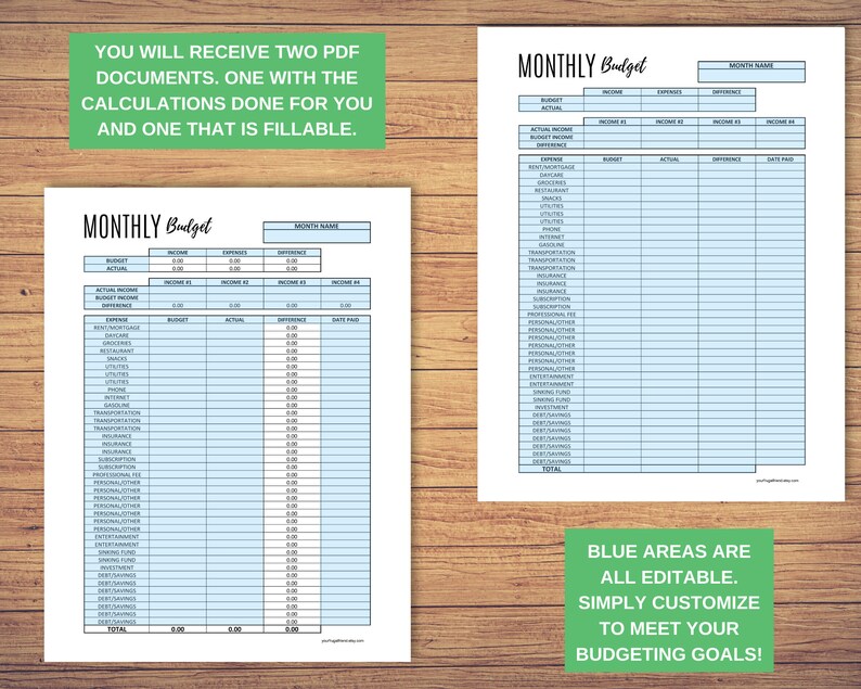 May include: A printable monthly budget template with a blue and white colour scheme. The template includes sections for income, expenses, and a difference column. The text "MONTHLY Budget" is at the top of the page. The text "BLUE AREAS ARE ALL EDITABLE. SIMPLY CUSTOMIZE TO MEET YOUR BUDGETING GOALS!" is at the bottom of the page.